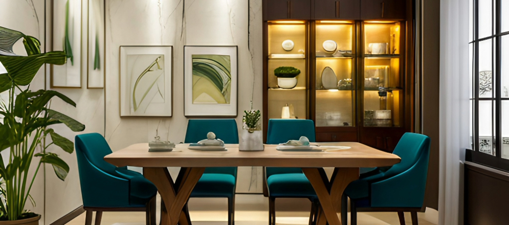 A formal dining room layout with aqua blue chairs and a wooden cabinet - Beautiful Homes