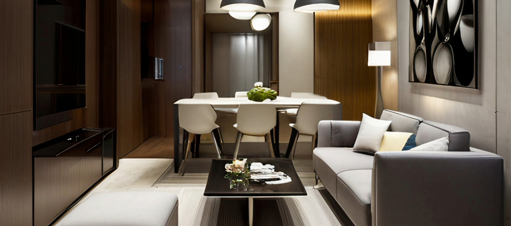 An open plan dining room layout with off-white colour scheme - Beautiful Homes