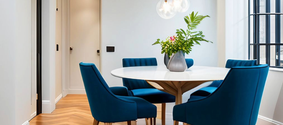 Simple round dining table design with blue seats - Beautiful Homes