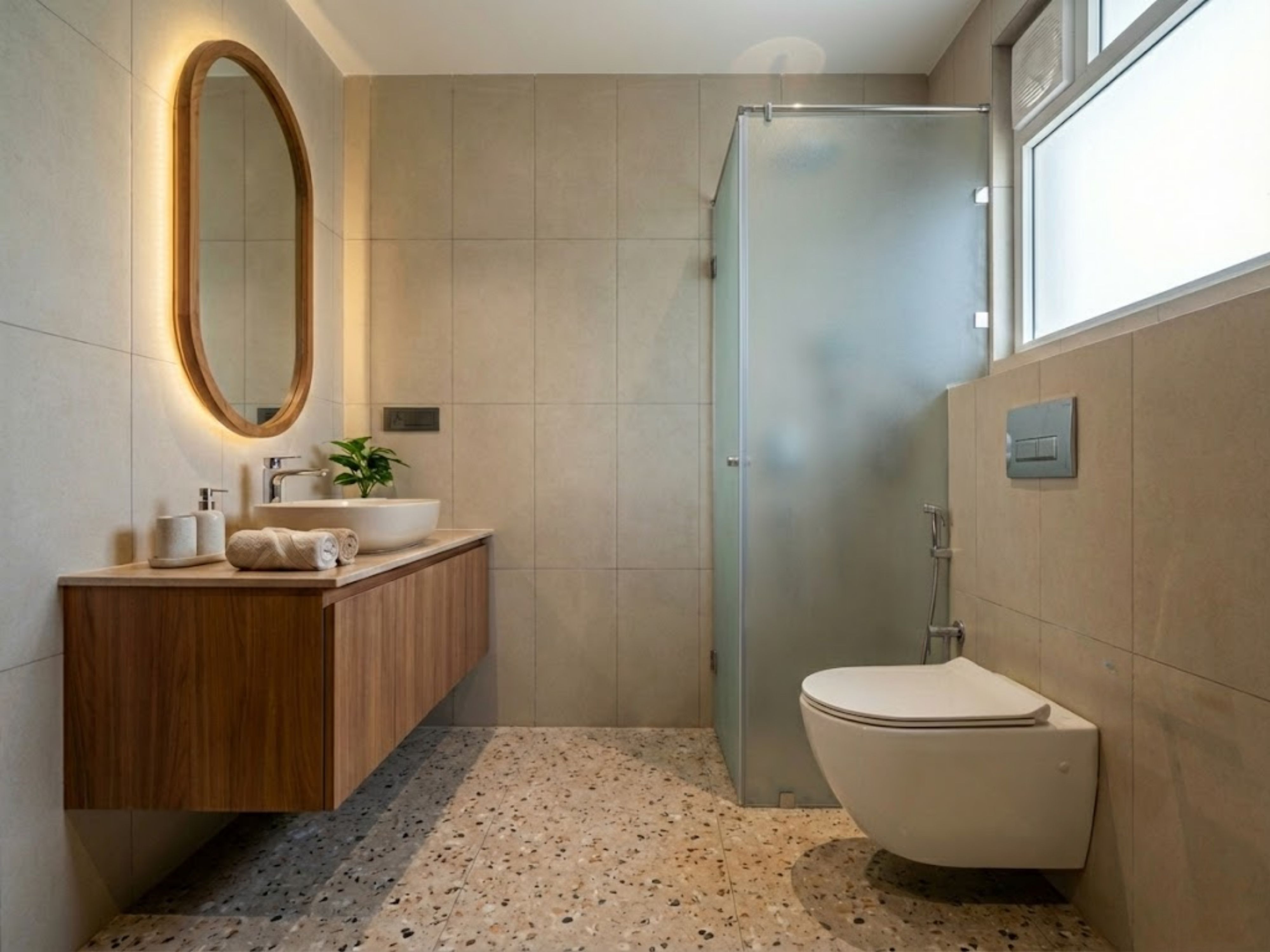 Modern bathroom with terrazzo flooring and frosted partition - Beautiful Homes