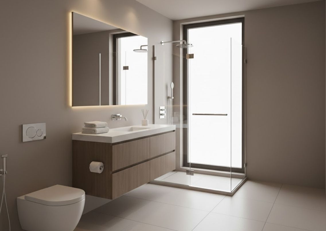 Minimalist bathroom with floating vanity and glass shower - Beautiful Homes