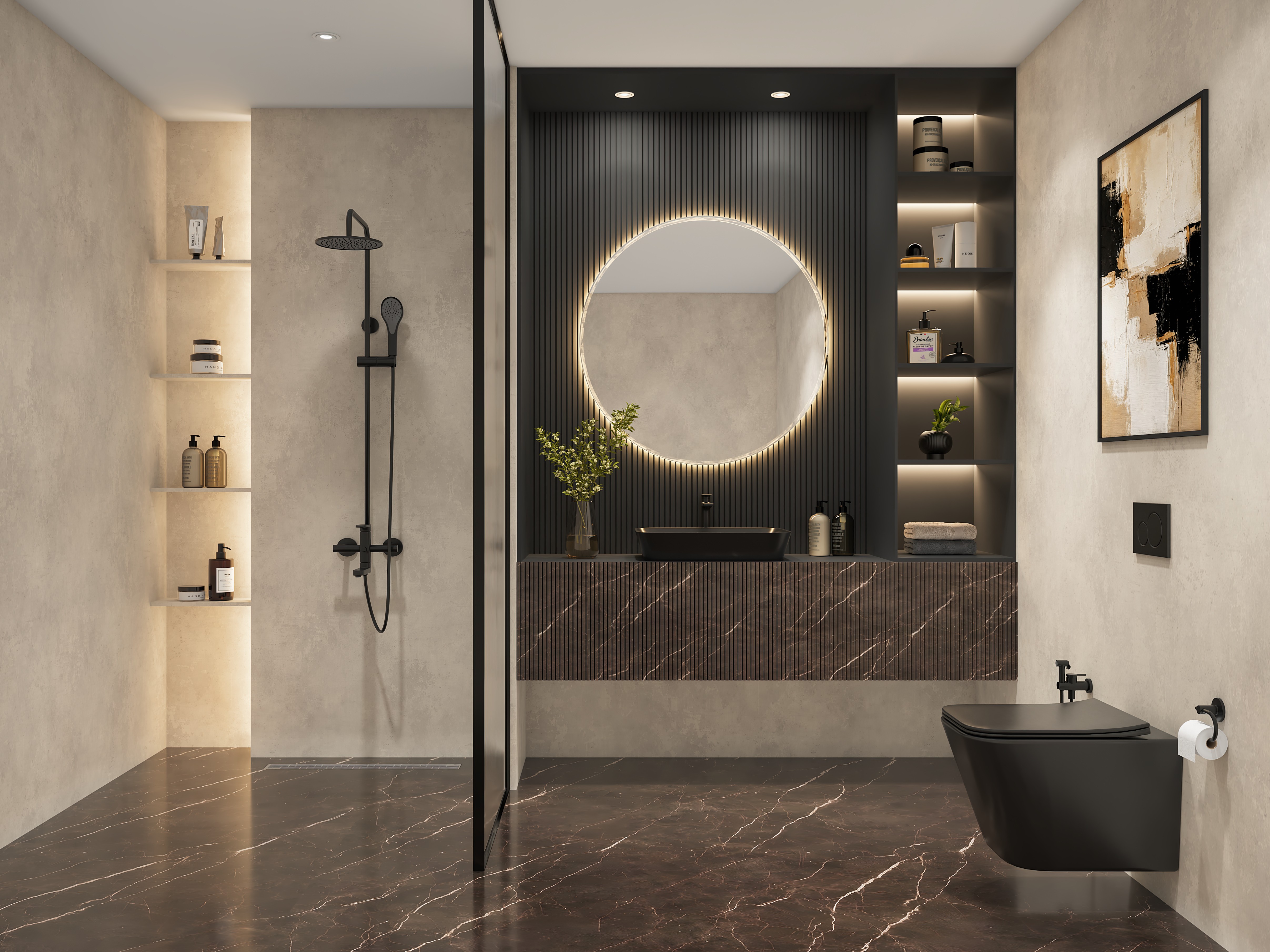 Modern bathroom featuring a backlit mirror, marble flooring, and matte black accents - Beautiful Homes