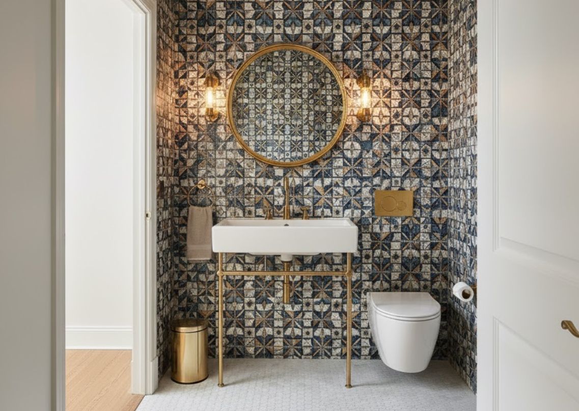 Bathroom with mosaic tiles and wooden vanity - Beautiful Homes