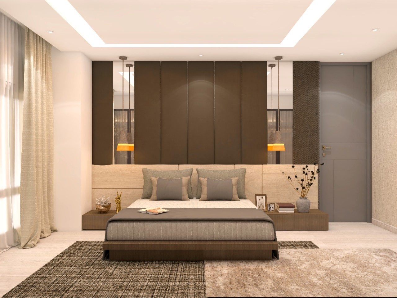 Brown and cream bedroom with back panels-Beautiful Homes