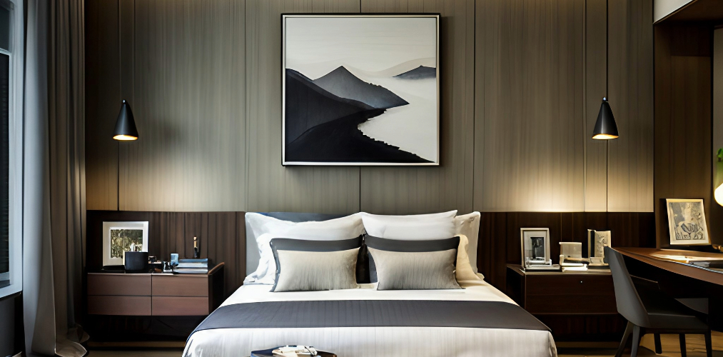 Modern bedroom with pendant lights and wooden chair-Beautiful Homes