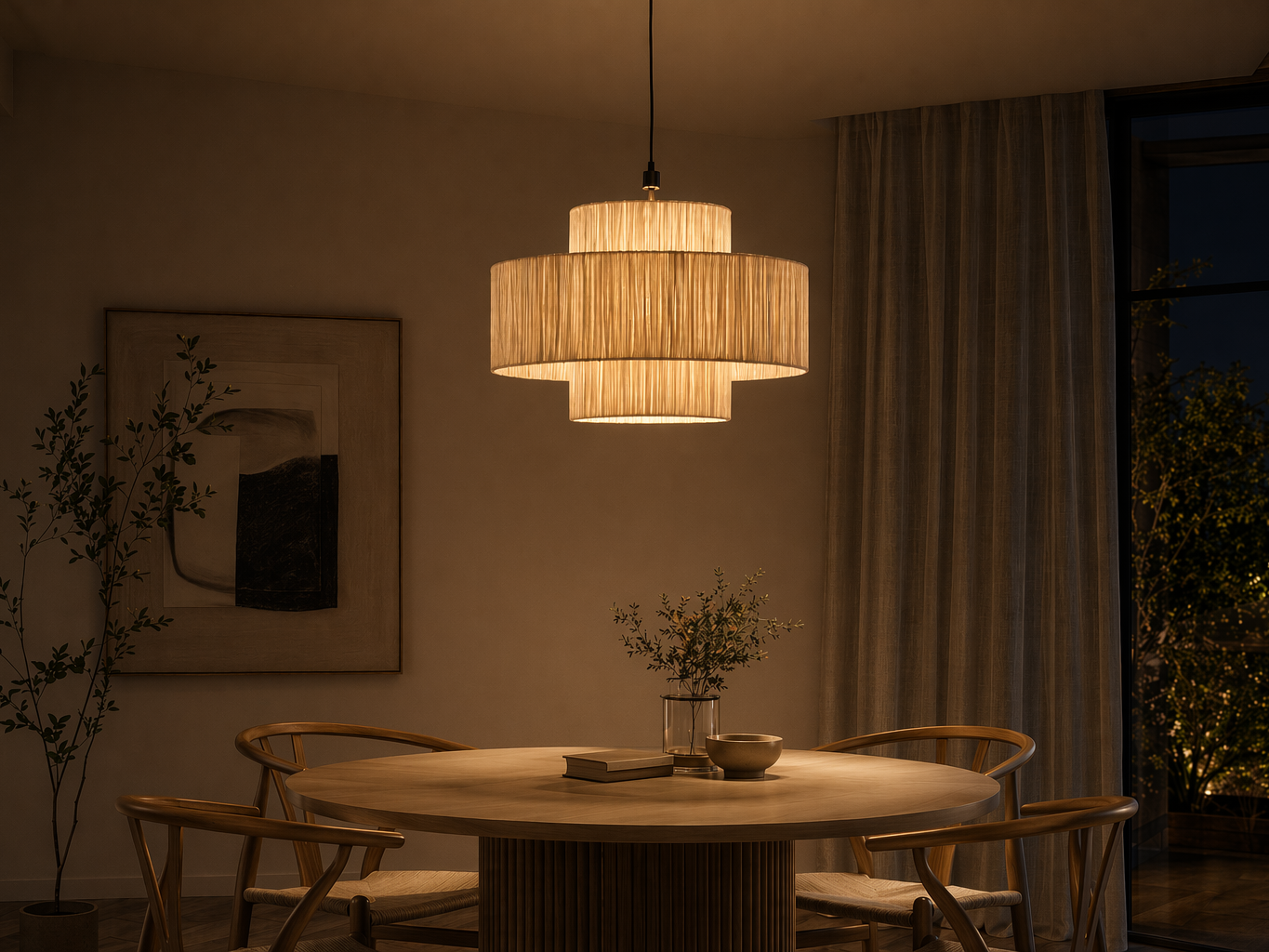 Three-tier pendant light with a ribbed fabric shade and warm ambient glow - Beautiful Homes
