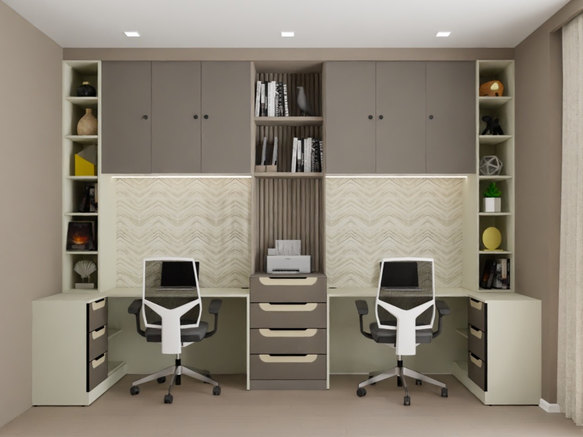 Dual desk study area with shelves and cabinets - Beautiful Homes