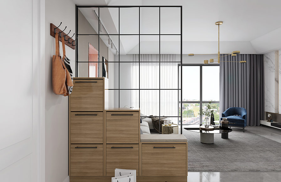 Shoe rack design as room divider for your living room interiors - Beautiful Homes