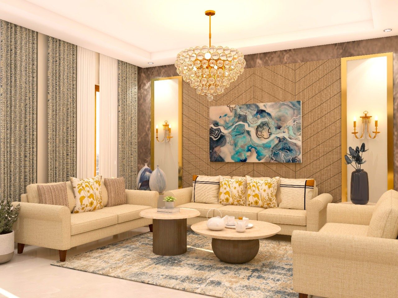Bold white living room with golden accents and chandelier-Beautiful Homes