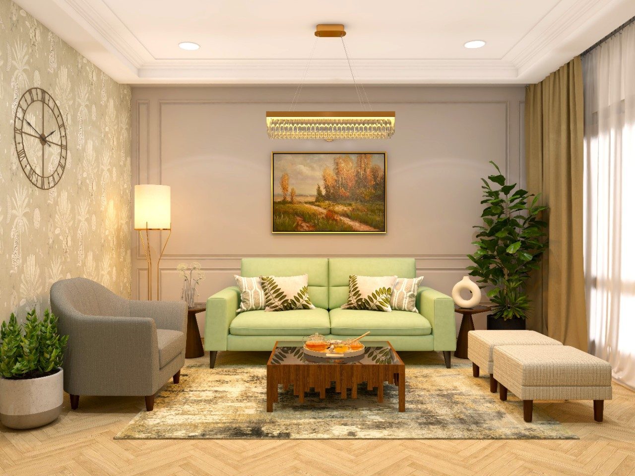 Mint green sofa with grey armchair and wooden center table-Beautiful Homes