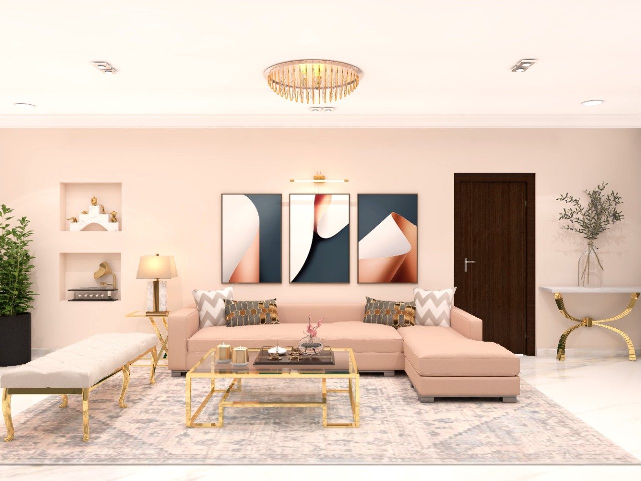Pink living room with golden accents and artwork-Beautiful Homes