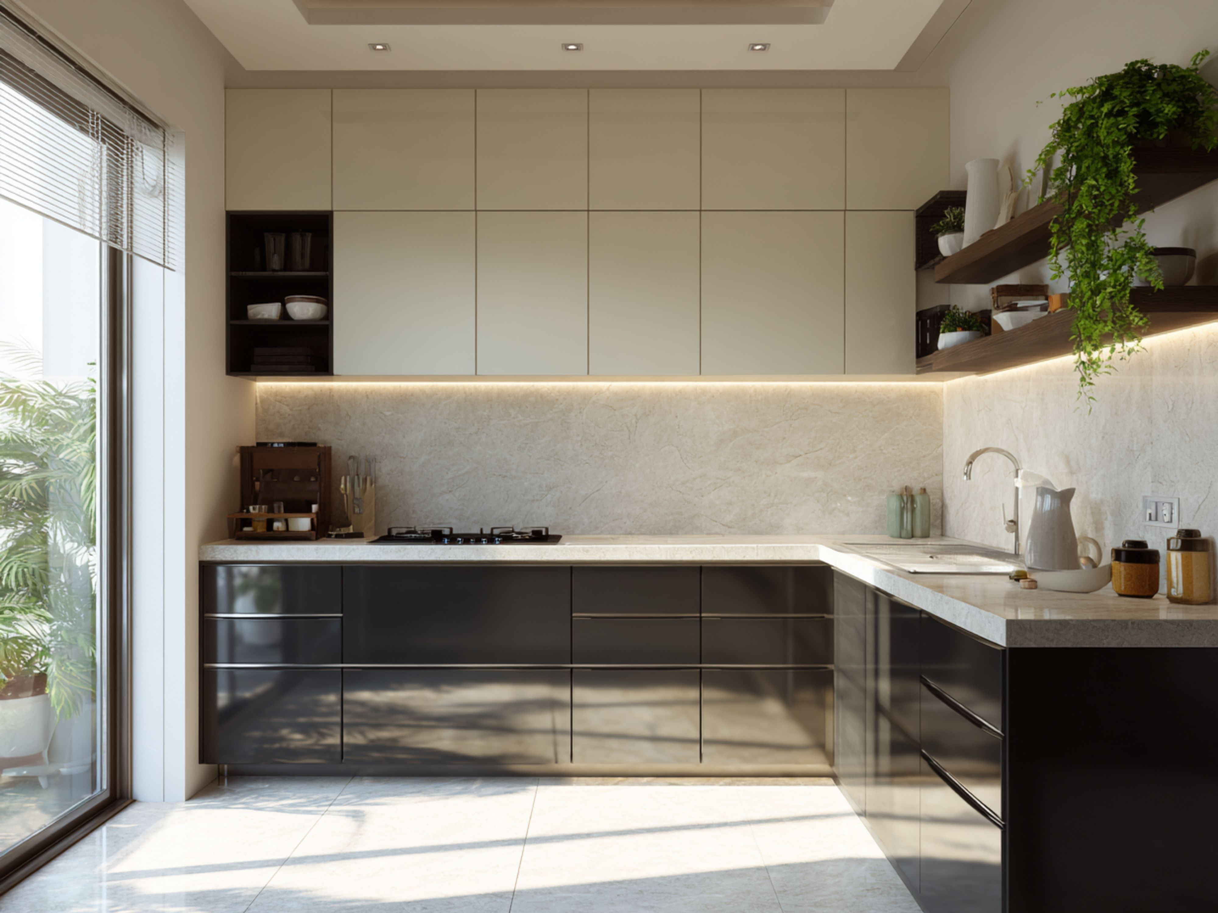 L-shaped kitchen with modern cabinets and shelves - Beautiful Homes