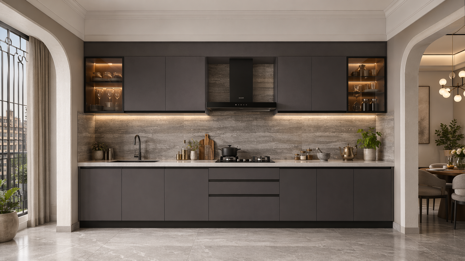Modern kitchen with matte charcoal cabinetry, white marble countertop, and stone-look backsplash - Beautiful Homes