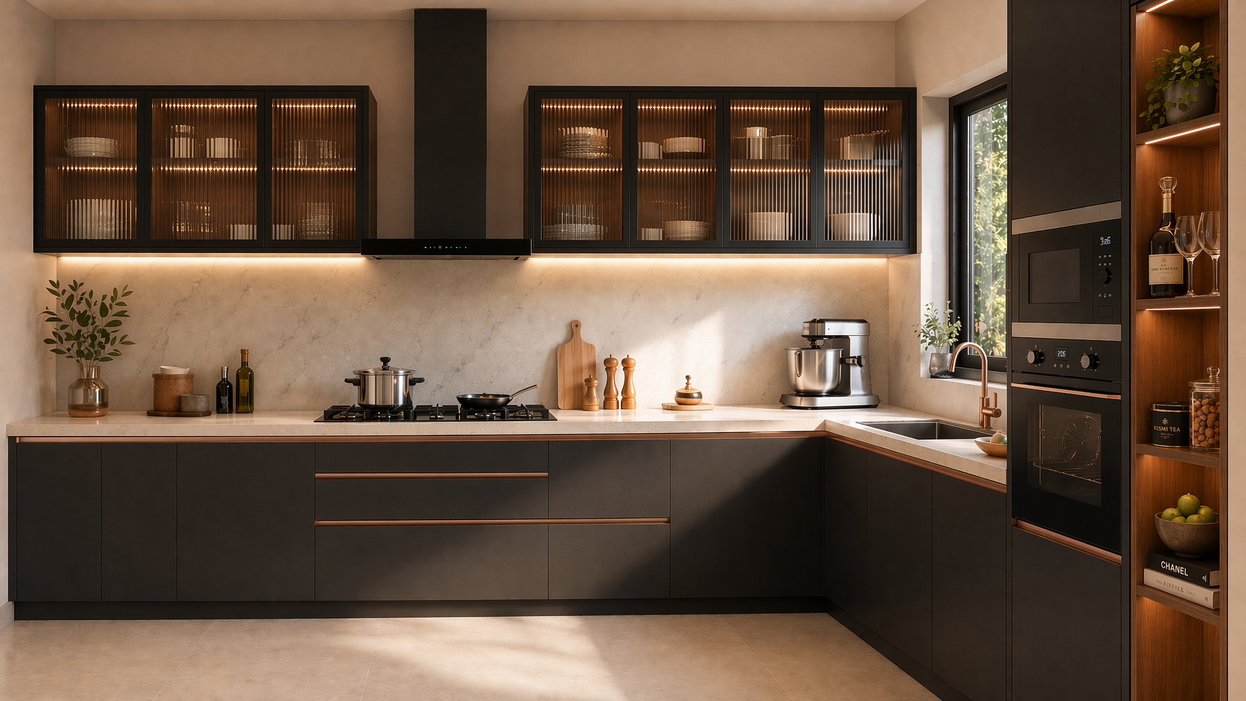 Modern L-shaped kitchen with matte charcoal cabinetry, marble-look countertops and backsplash, fluted glass wall cabinets - Beautiful Homes