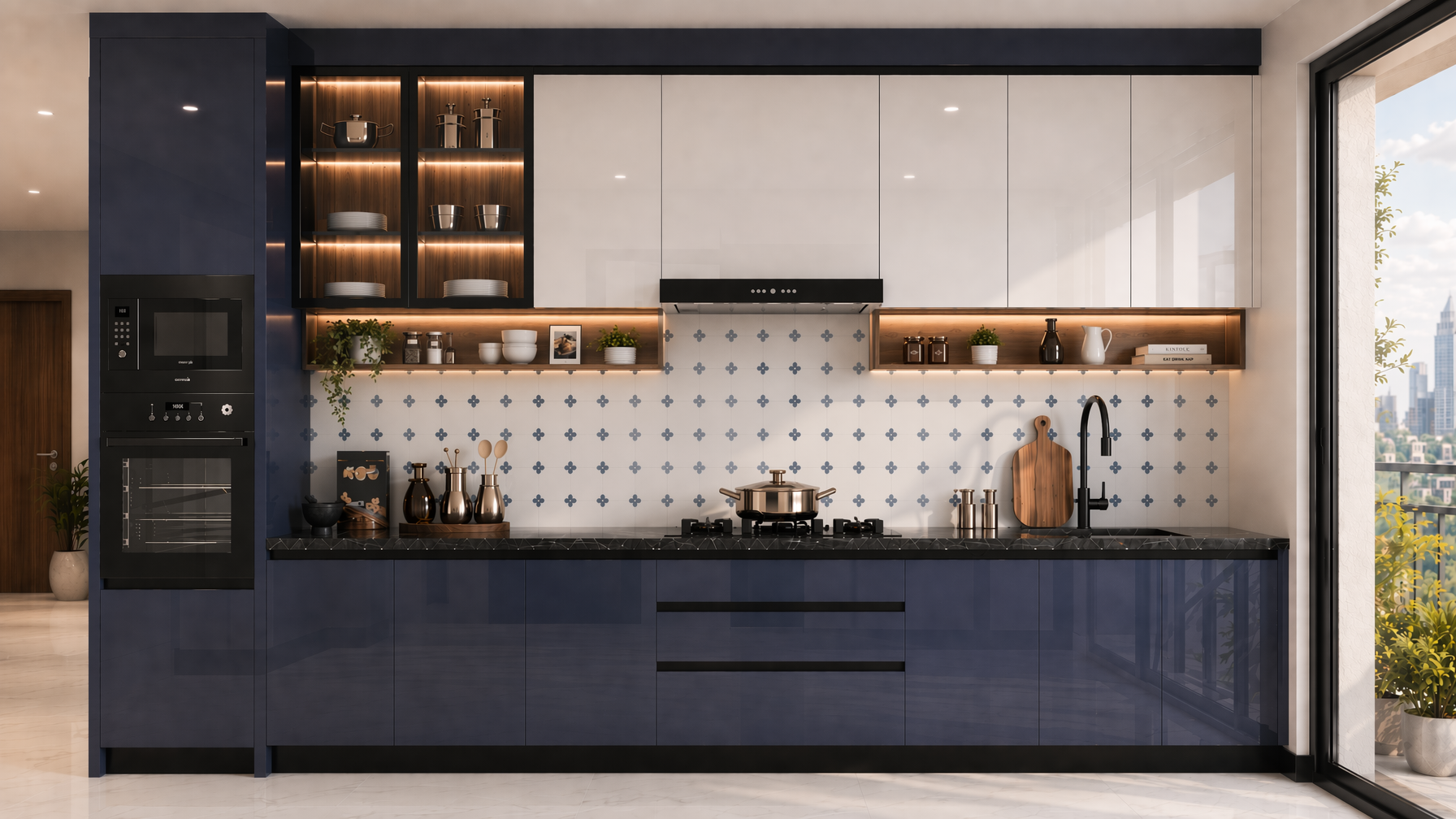 Modern kitchen with high-gloss navy base cabinets, white upper cabinetry, black stone countertop and patterned tile backsplash - Beautiful Homes
