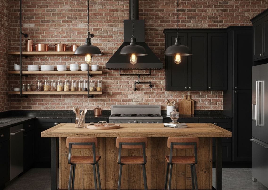 Rustic kitchen with brick walls and pendant lights - Beautiful Homes