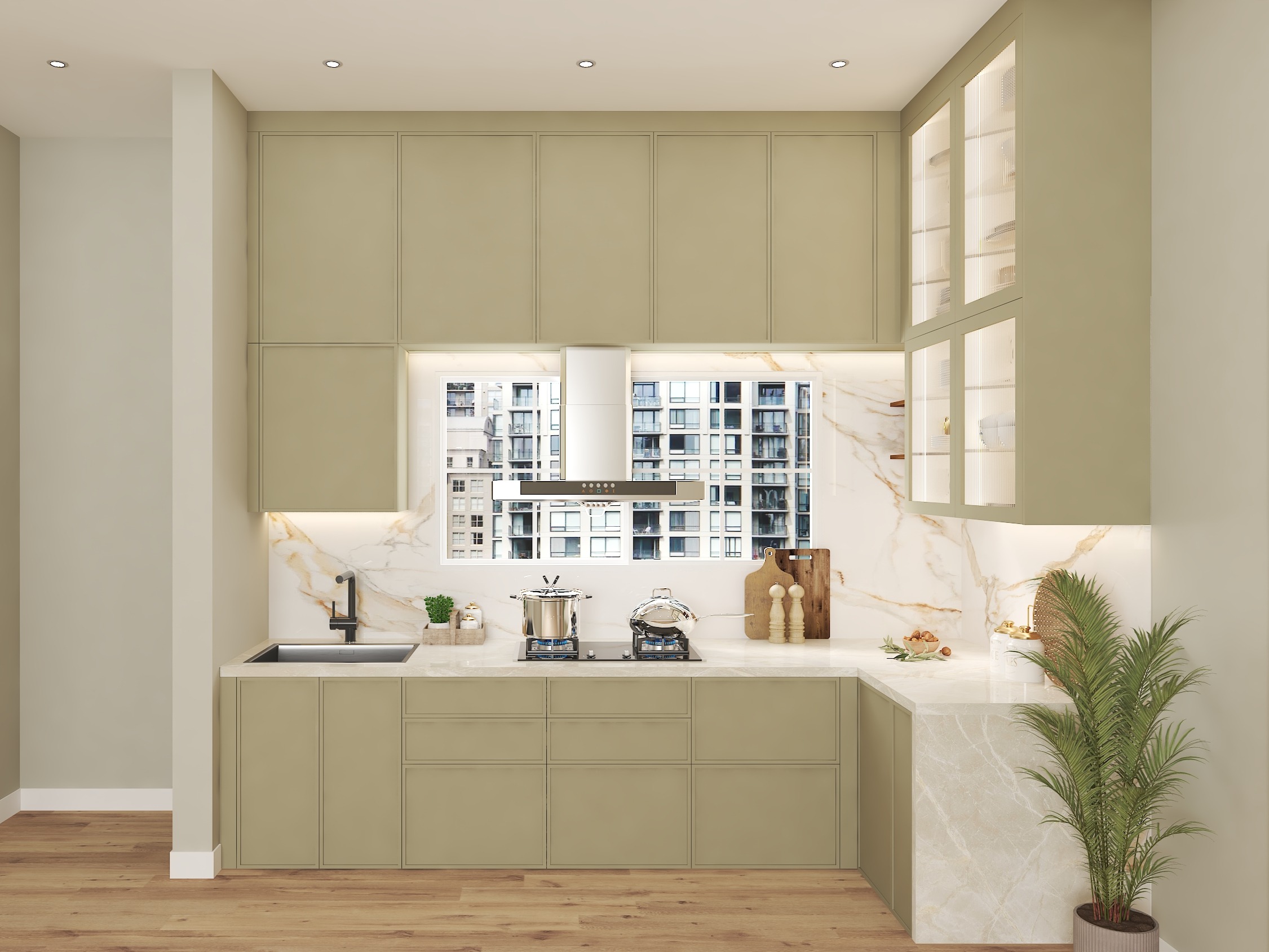 Contemporary L-shaped kitchen featuring olive green cabinets and marble backsplash - Beautiful Homes