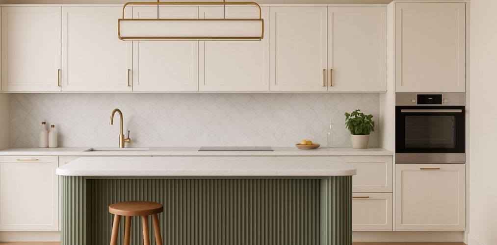 Modern kitchen with green island and marble counters - Beautiful Homes