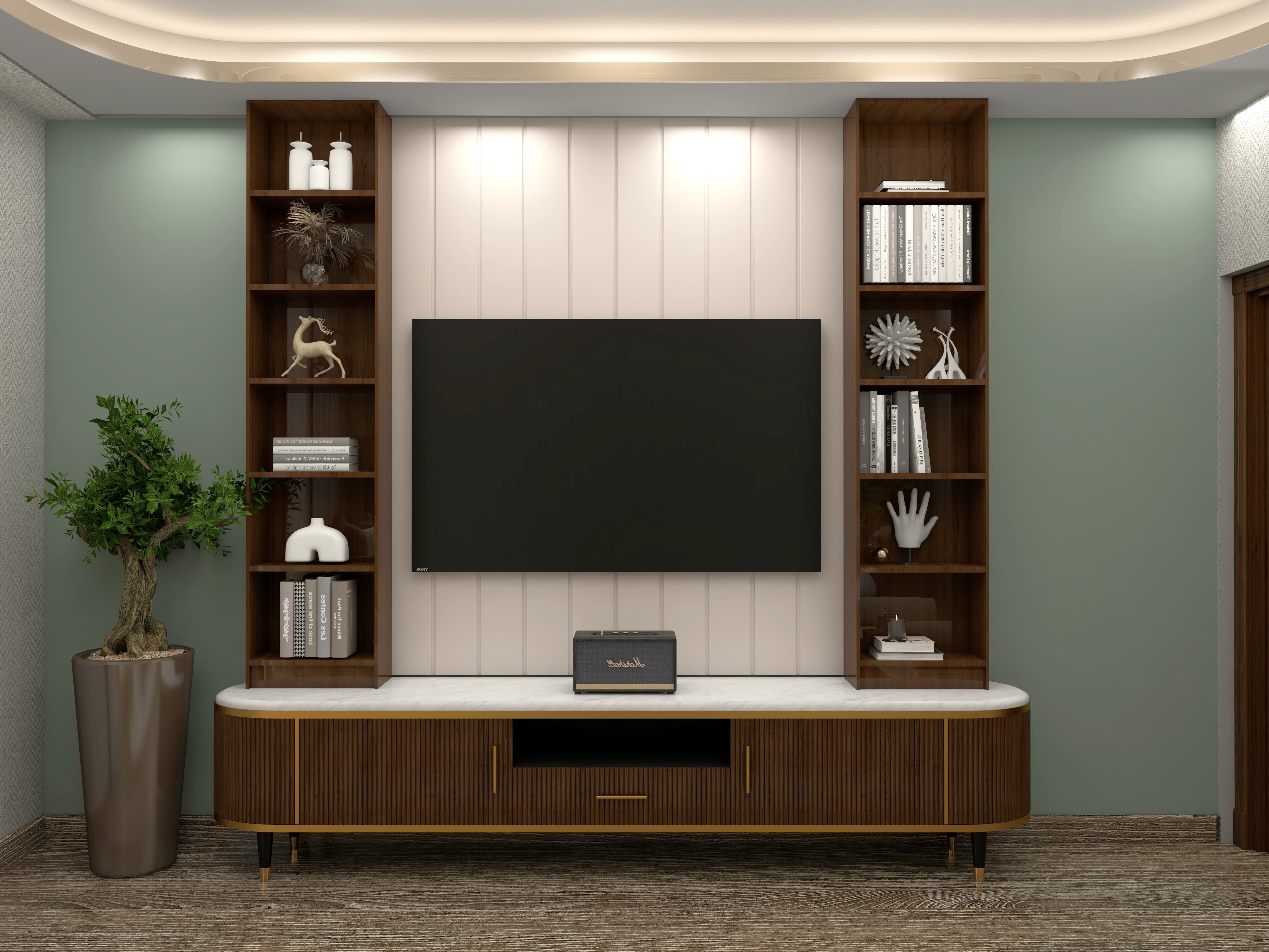 TV unit design with fluted wooden console and shelves-Beautiful Homes