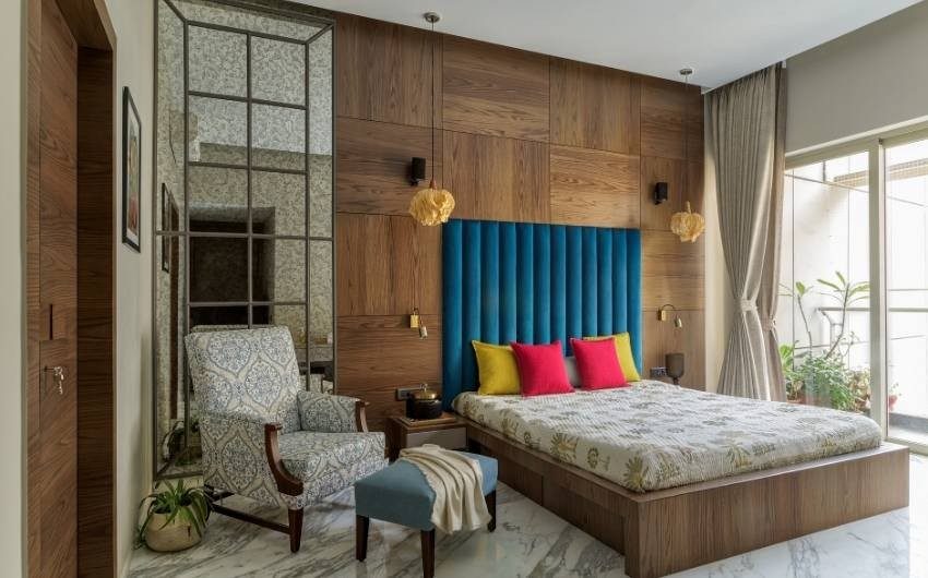 Bedroom design with wooden finish furniture & colourful furnishings - Beautiful Homes Bedroom design with wooden finish furniture & colourful furnishings - Beautiful Homes
