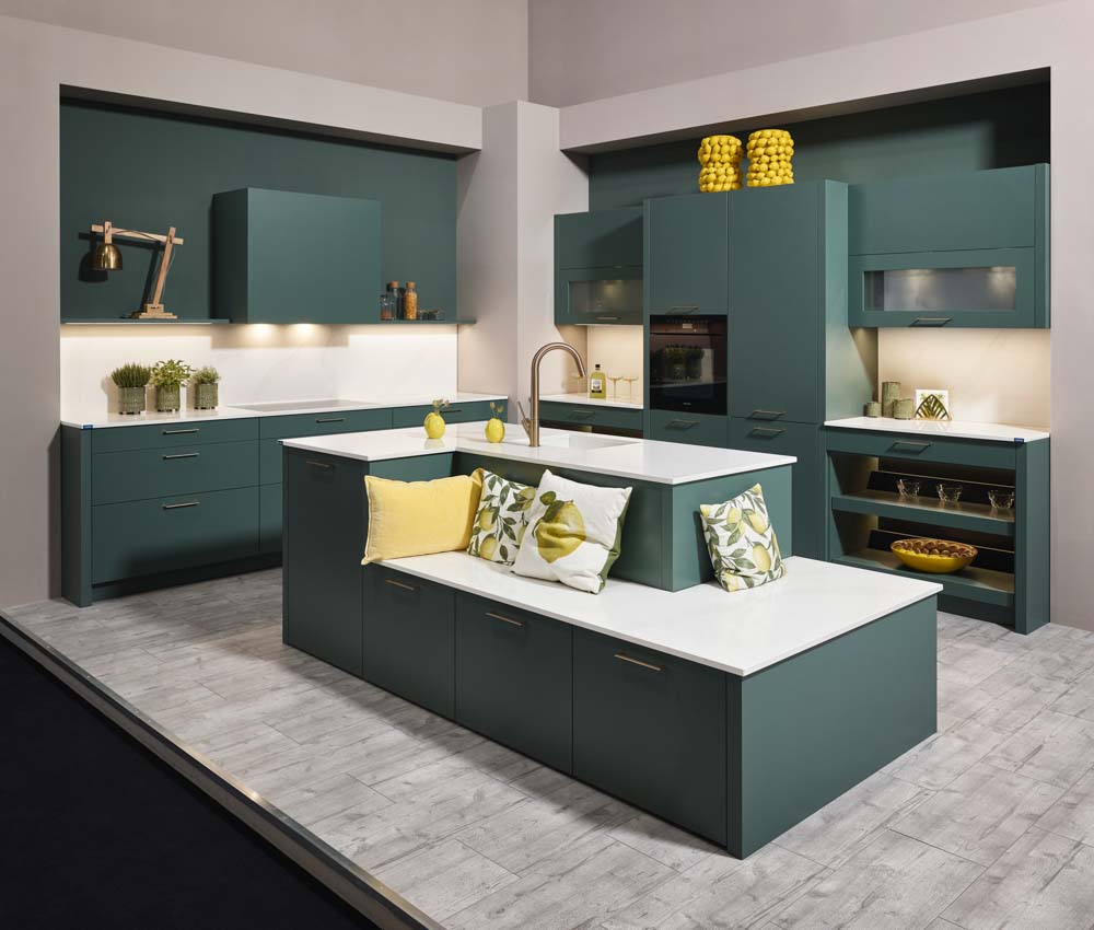 Kitchen design with matte green colour palatte - Beautiful Homes Kitchen design with matte green colour palatte for the perfect kitchen interior design - Beautiful Homes