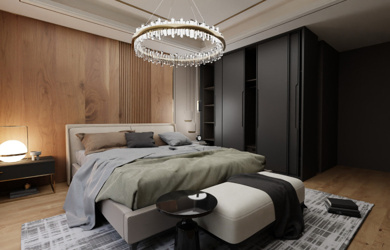 Rustic style bedroom design with chandelier - Beautiful Homes