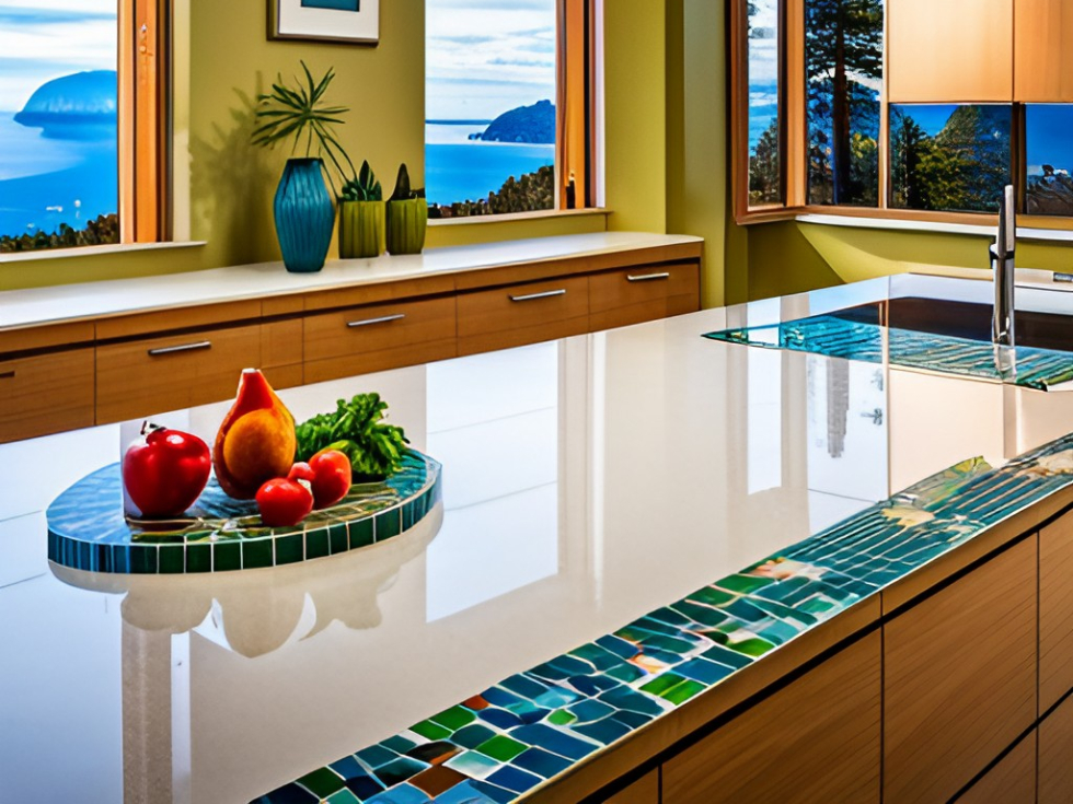 Chic corian countertop design with custom inlay design - Beautiful Homes