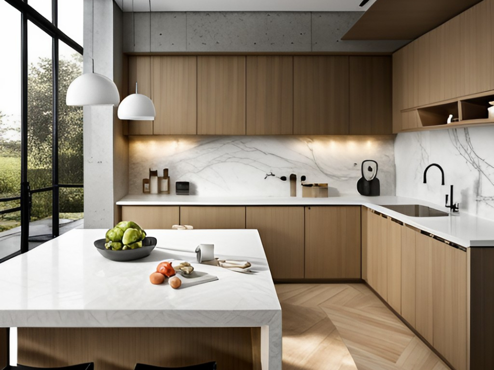 Corian countertop with integrated backsplsh in this modular kitchen - Beautiful Homes
