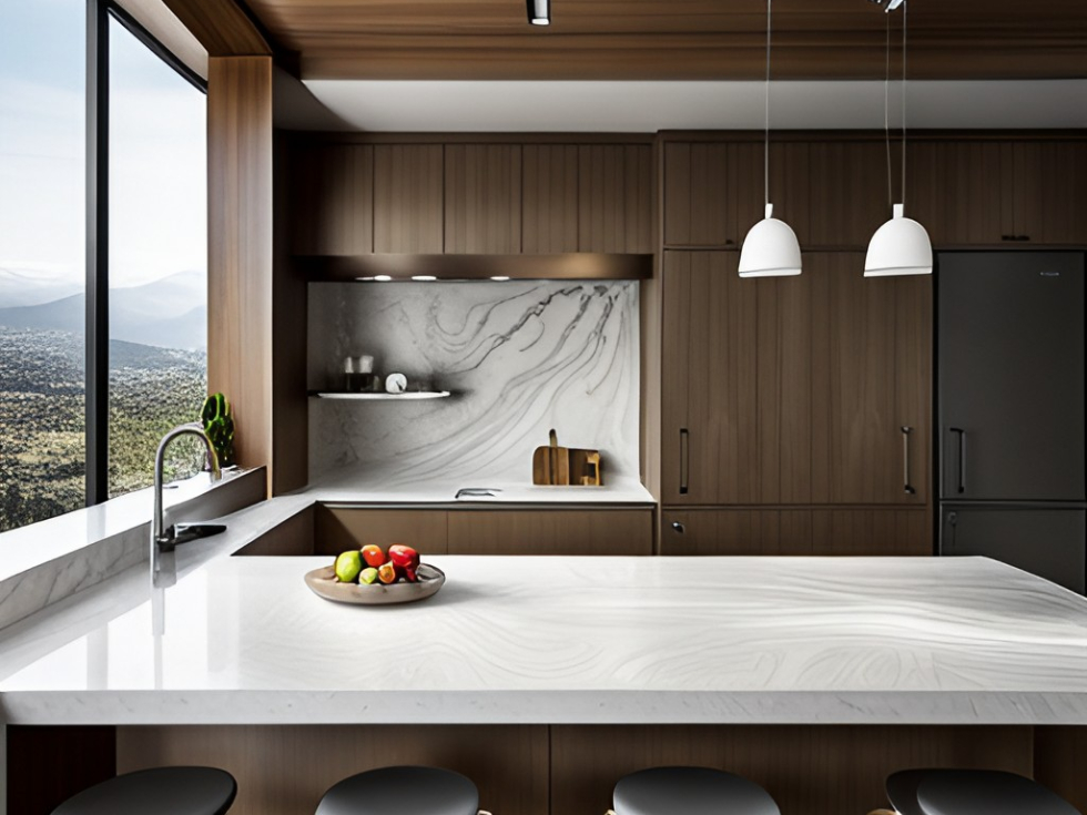 Wavy patterned corian countertop design for the kitchen island & backsplash - Beautiful Homes