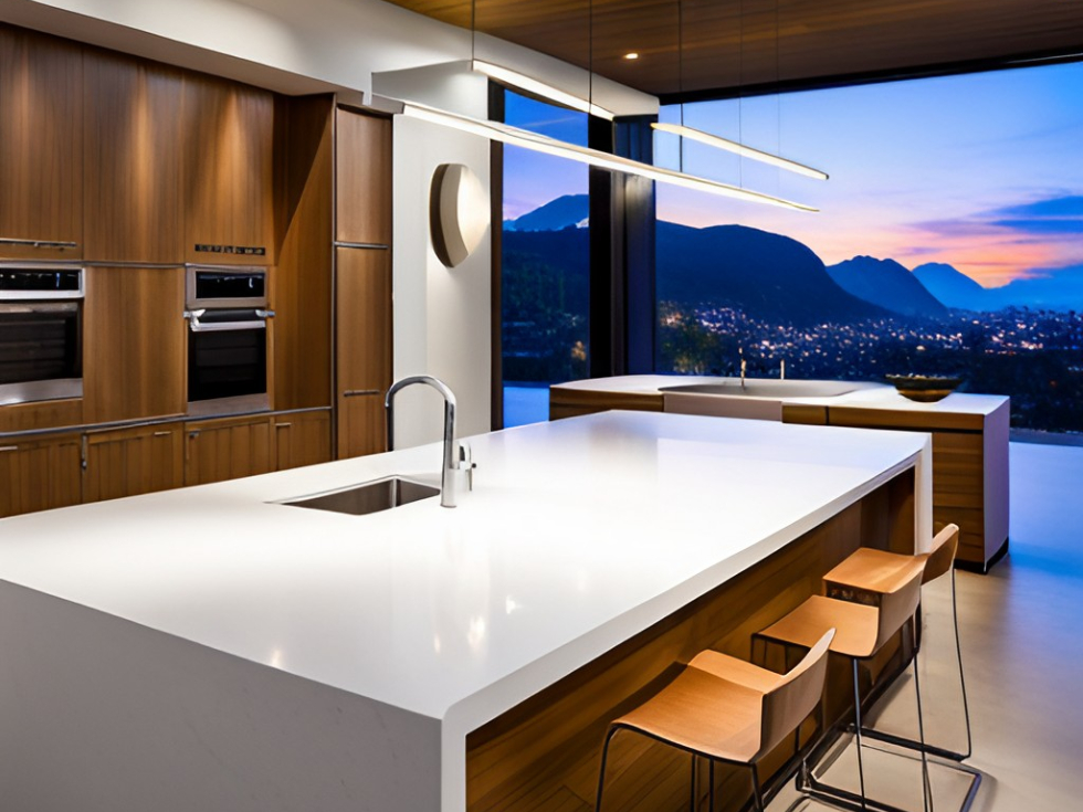 Waterfall edge corian countertop design for the kitchen island cum dining nook - Beautiful Homes