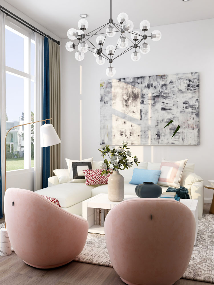 Muted living room having modern chandelier with glass ball lights - Beautiful Homes