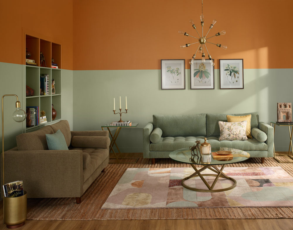 Simple exposed bulbs form a chandelier in the living room design - Beautiful Homes