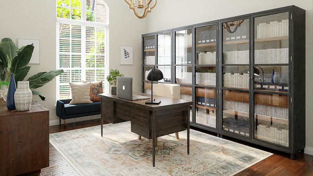 Make your enclosed bookshelf as the perfect backdrop of your home office - Beautiful Homes