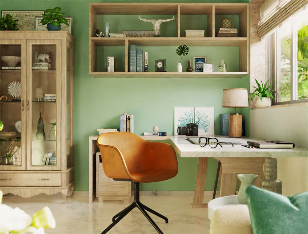 Design your green interior space with wood & tan home décor elements - Beautiful Homes