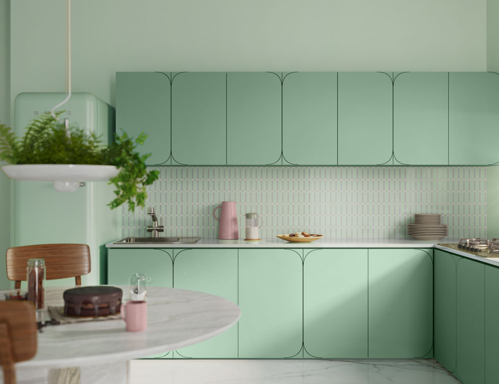 Modular kitchen design with a beautiful blend of pastel colours & marble interior - Beautiful Homes