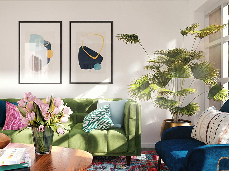 A white living room with sunlight falling on a green sofa A white living room with sunlight falling on a green sofa