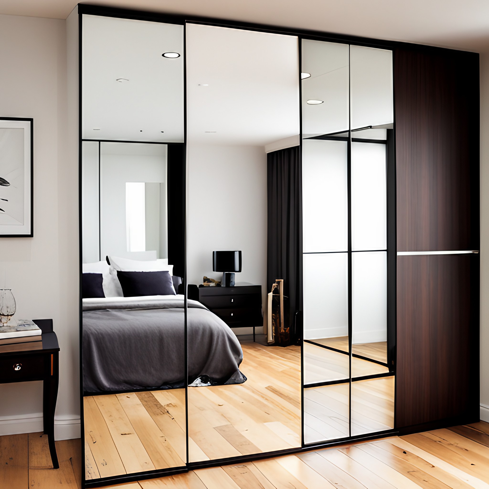 mirror sliding wardrobe with dressing table design - Beautiful Homes