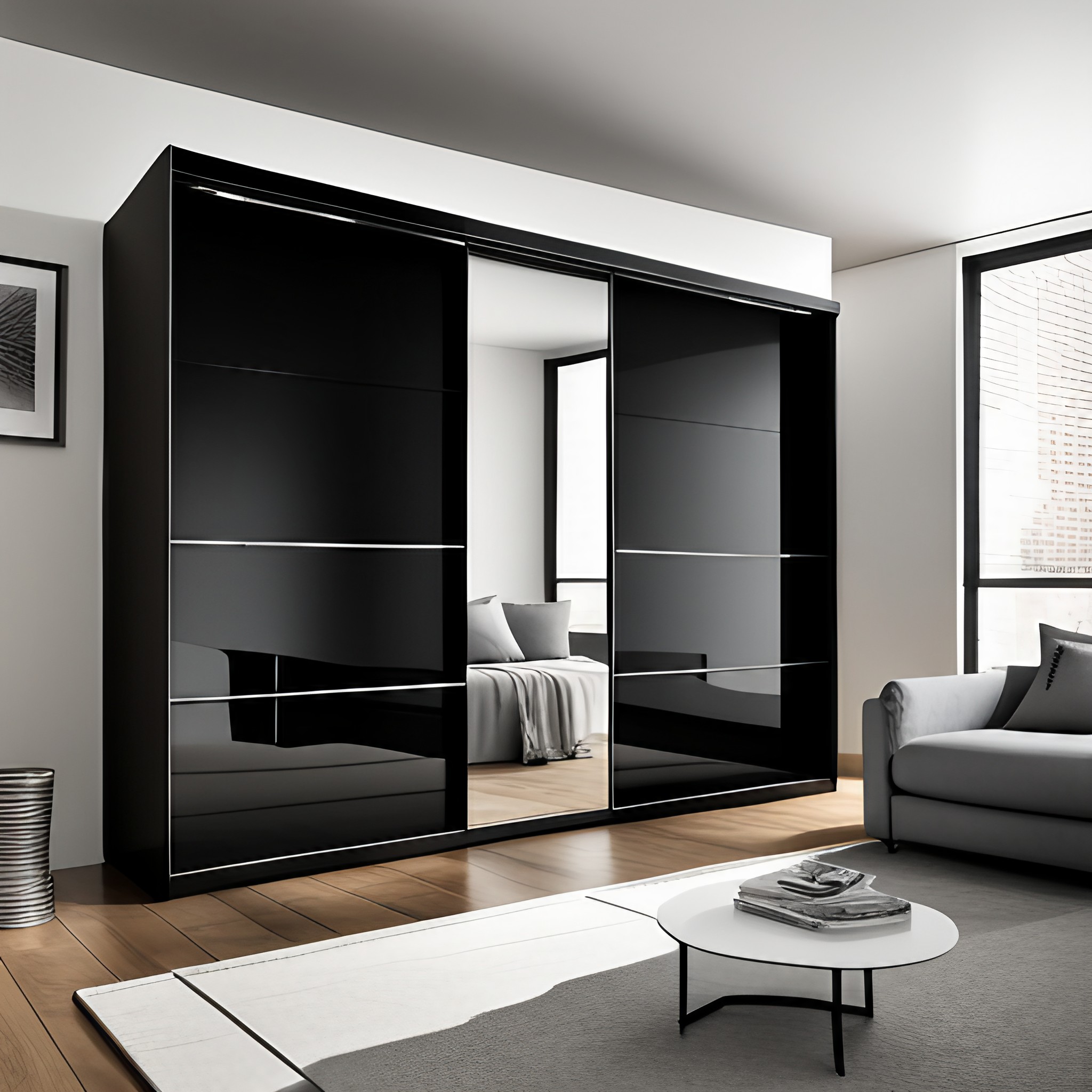 Glossy black sliding wardrobe design with loft space - Beautiful Homes