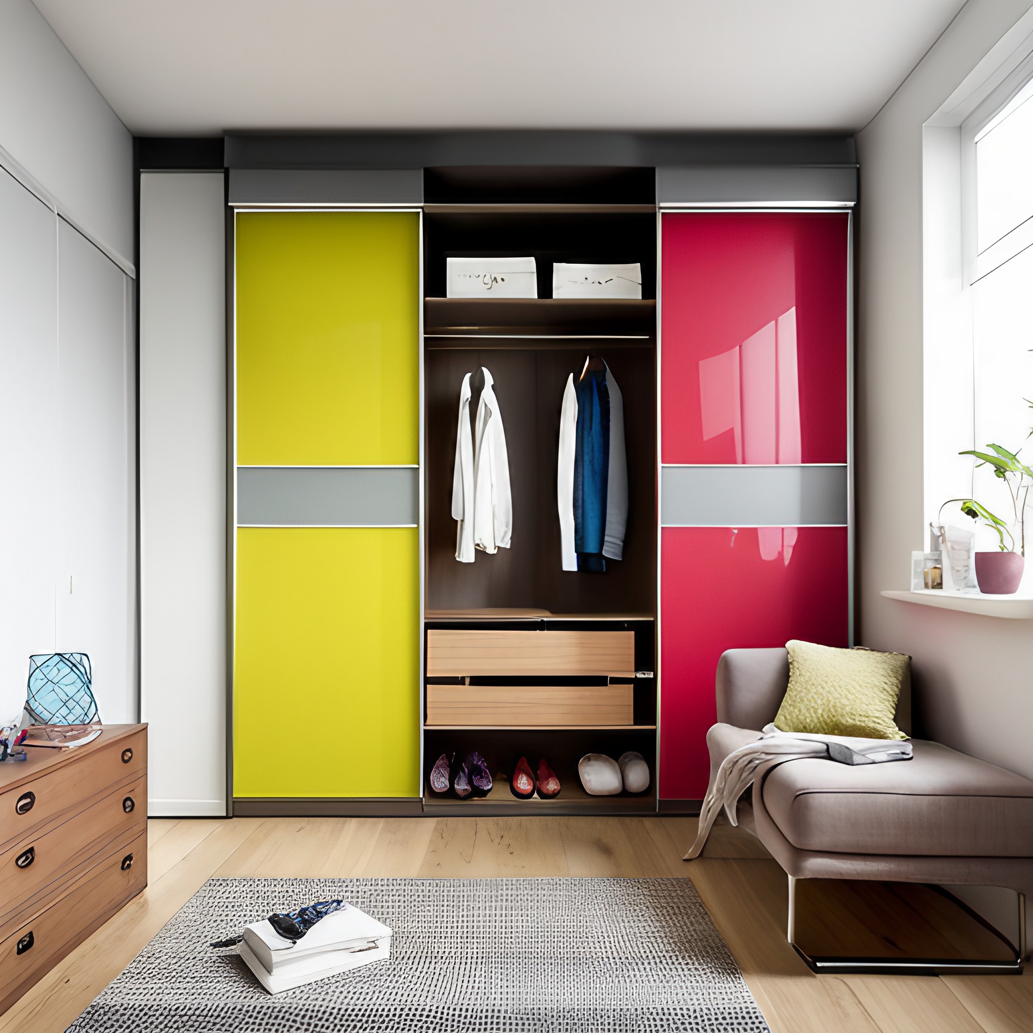 Vibrant sliding wardrobe design with loft space - Beautiful Homes