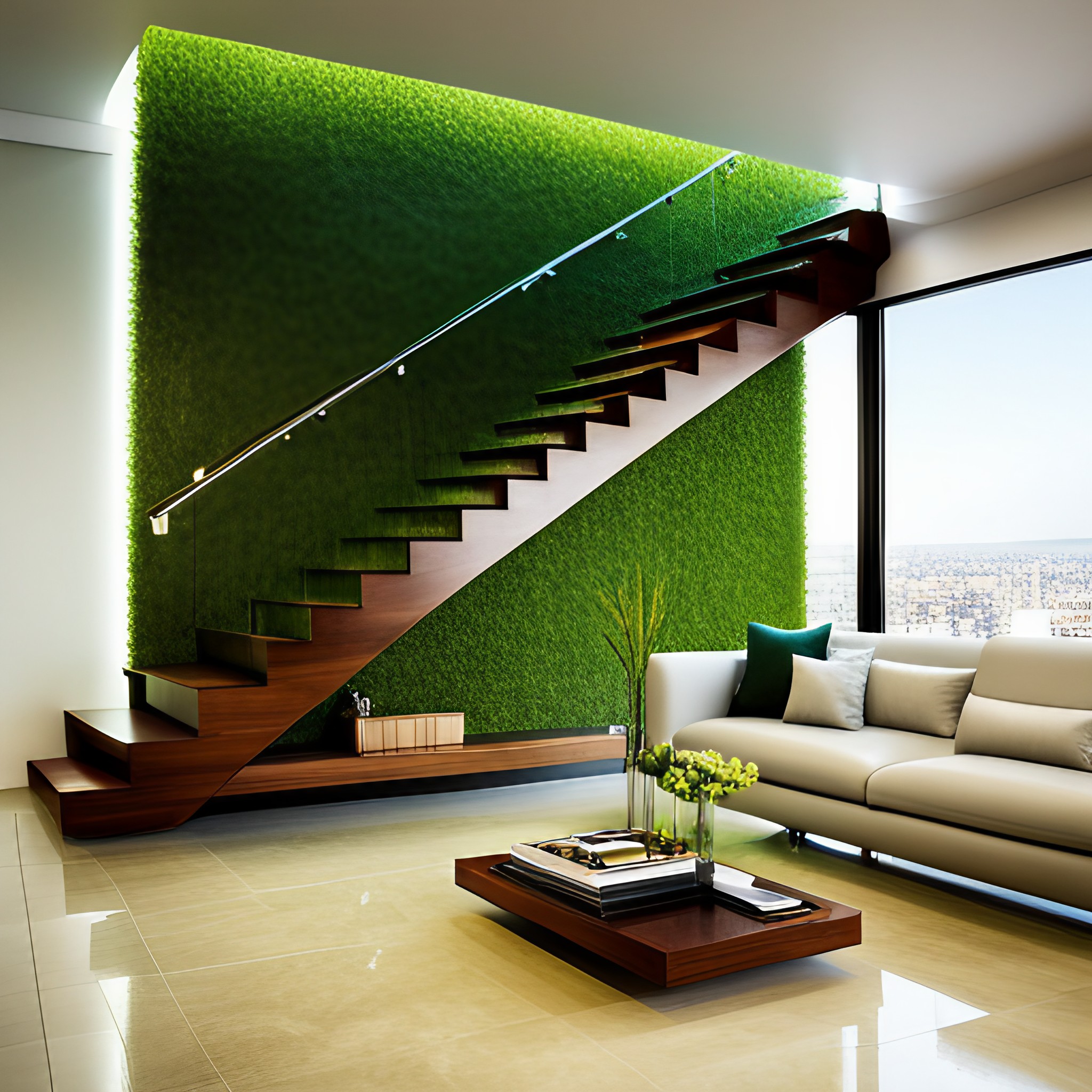 Staircase with grass wall decoration - Beautiful Homes