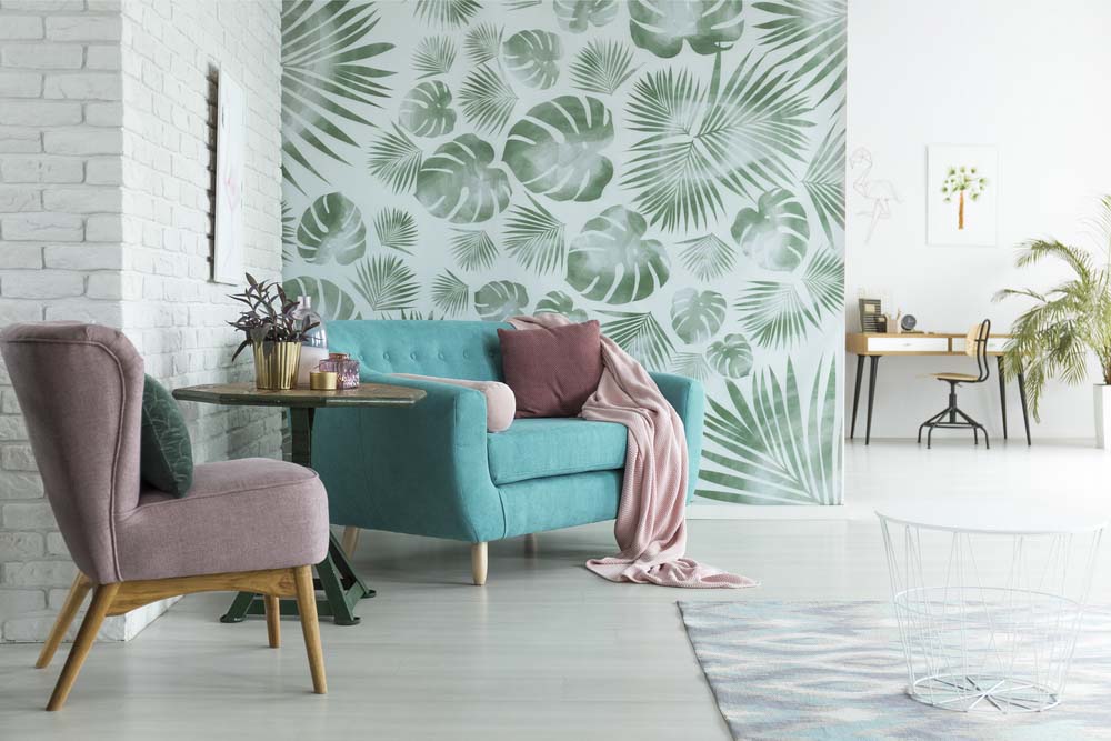Build a mood board to add pictures that inspire you from minimalistic to bold designs - Beautiful Homes A minimalistic home décor with foliage wallpaper pattern that looks fresh and just right for the feel - Beautiful Homes