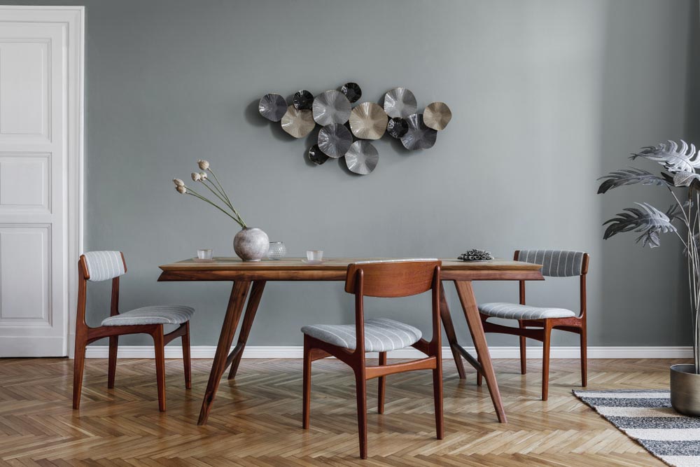 Grey colour wall design for dining room - Beautiful Homes