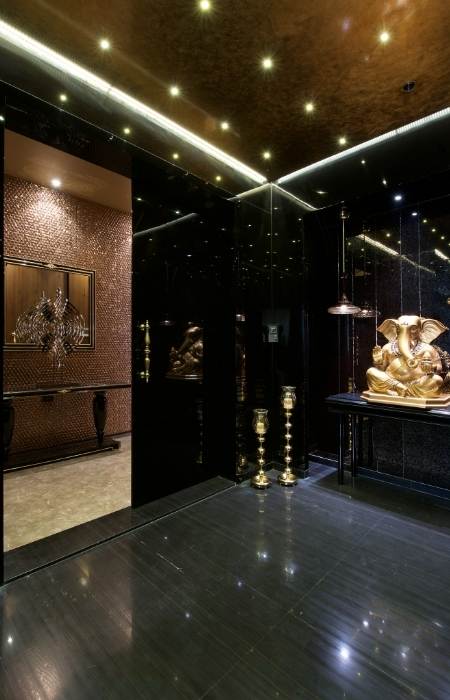 Pooja room door design with dark lacquered glass - Beautiful Homes
