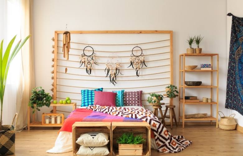 Add décor to space & also storage with wooden open shelf & wooden box storage - Beautiful Homes