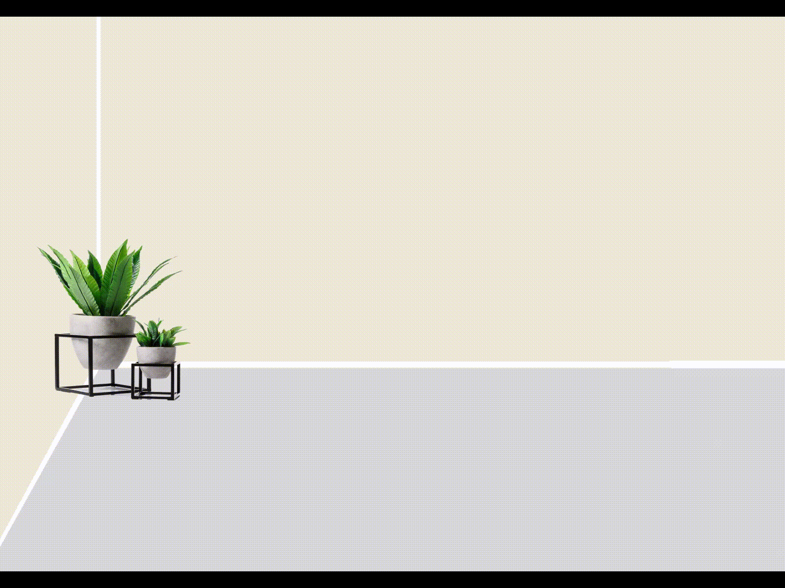 A wooden bed in a off white coloured room with three planters in one corner and a blue bedcover