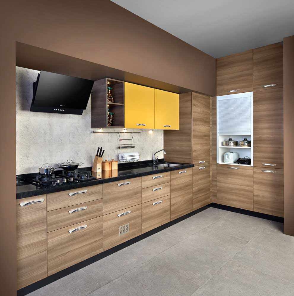 Wooden semi modular kitchen with storage cabinets & open shelves - Beautiful Homes