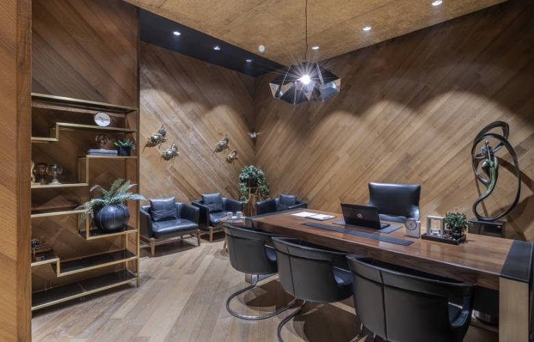 Office furniture with open shelves & teakwood flooring - Beautiful Homes