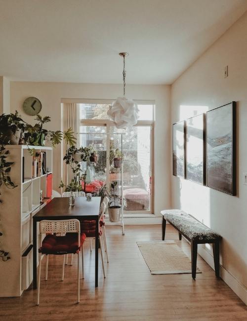 Wooden bench in the dining space - Beautiful Homes
