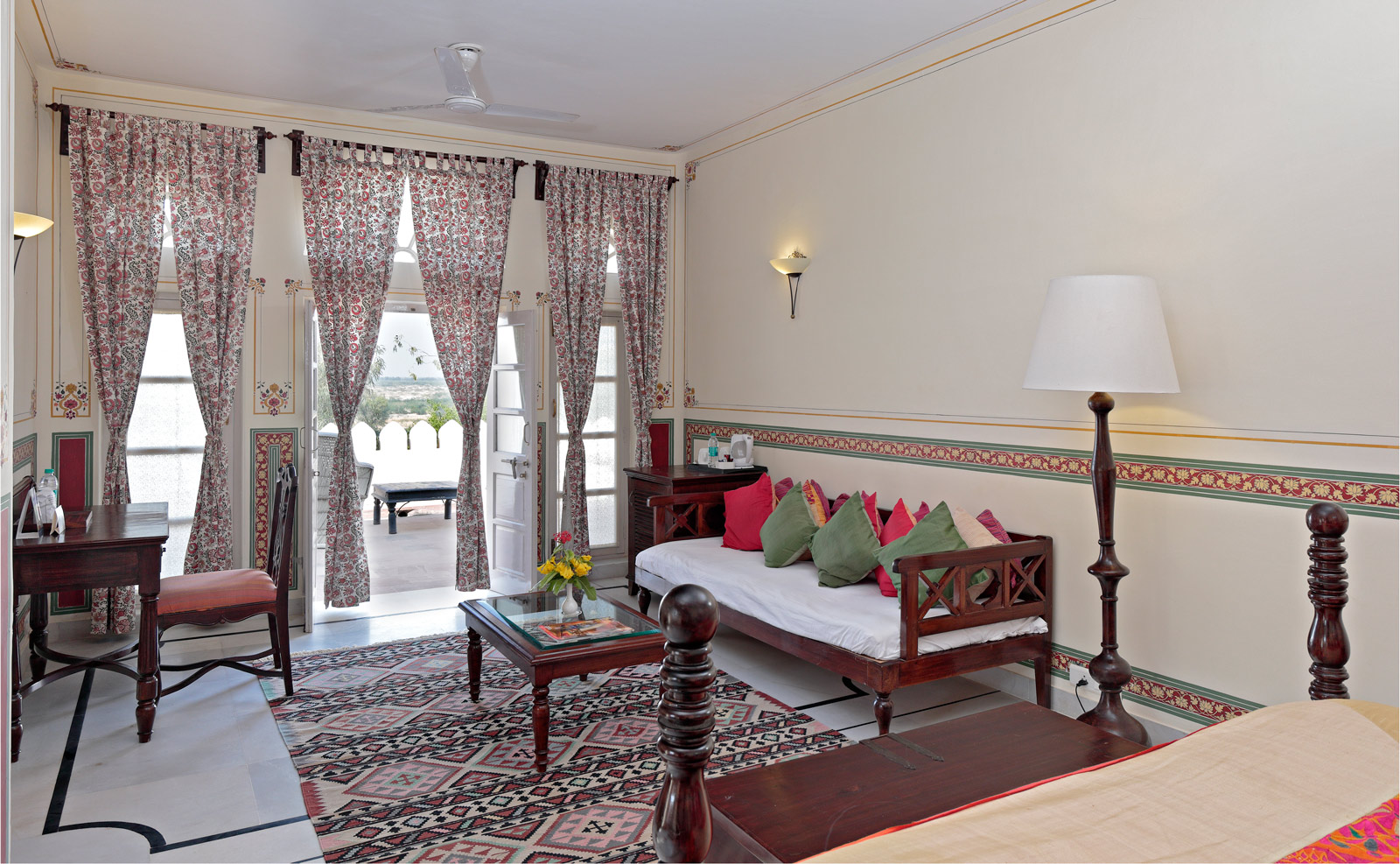 Printed Curtain Design For Living Room With Wooden Sofa & Printed Rug - Beautiful Homes