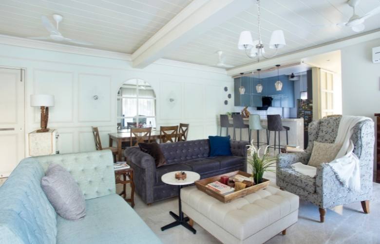 Living room with wooden furniture & wooden ceiling design - Beautiful Homes